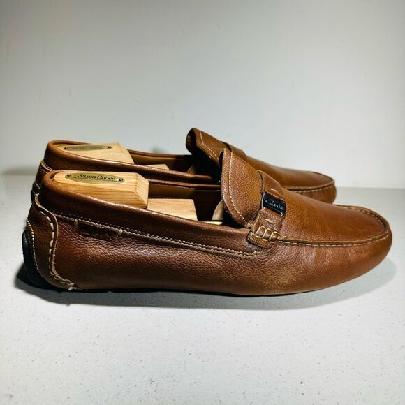 Clarks Mens Brown Leather Slip On Size 10.1/2 Loafer Mocs Driver Shoes - Picture 2 of 8